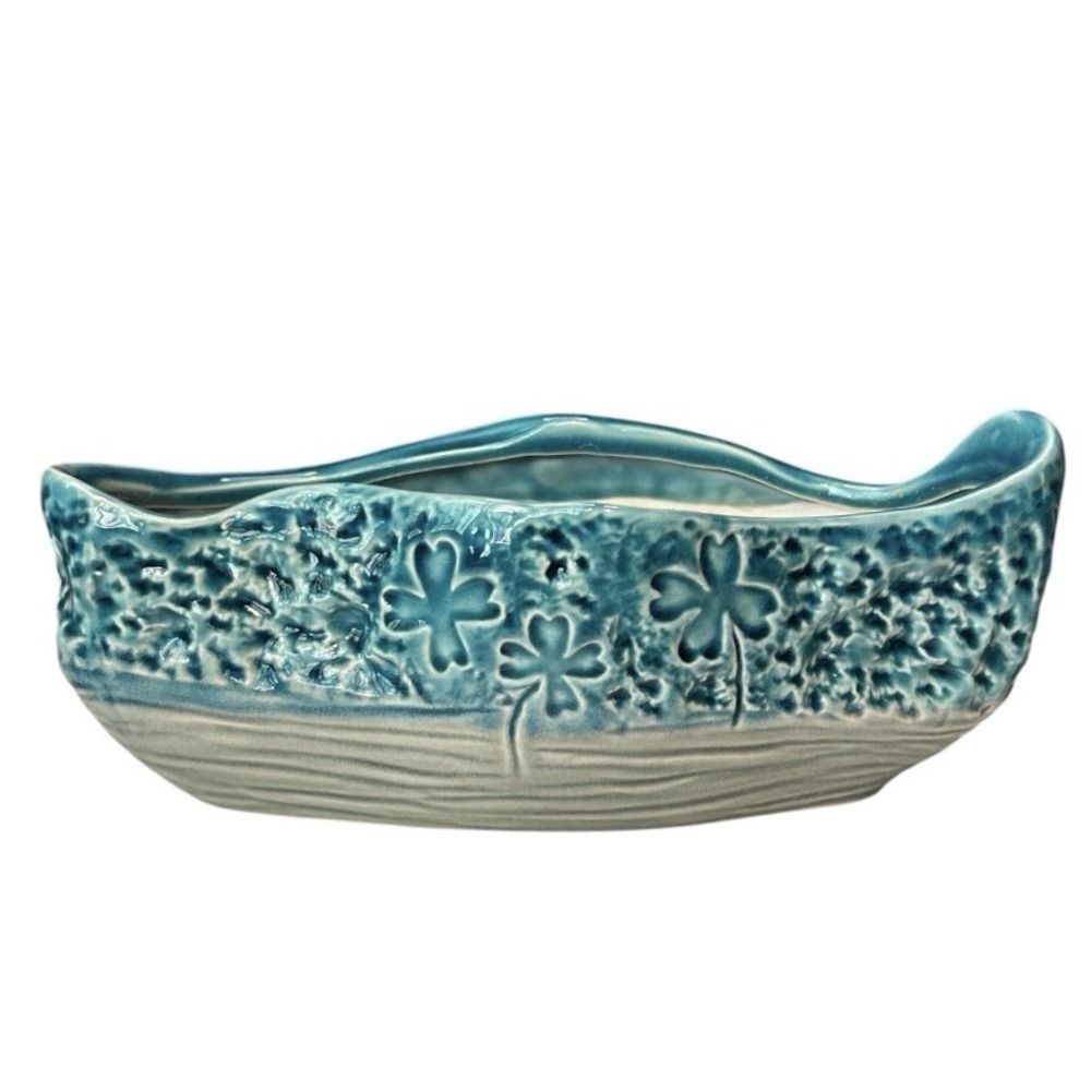Vintage Ceramic Planter Blue & Gray Embossed Floral Clover Abstract Oval Glazed - Picture 3 of 9